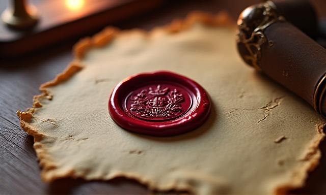 Decorative wax seal on antique parchment paper with calligraphy